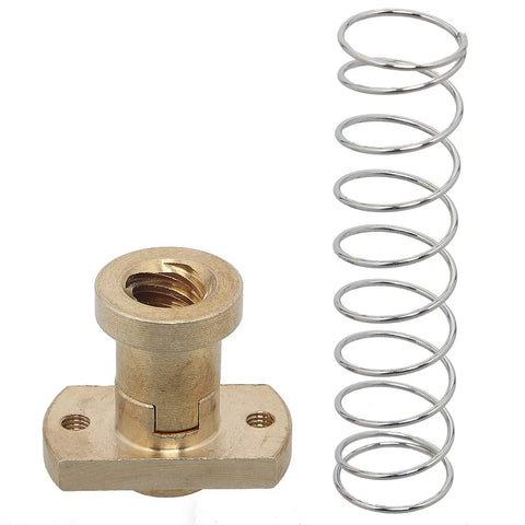 T8 Z Axis Upgrade Kit Featuring Anti Backlash Spring Loaded Brass Nuts with spring and brass nut for 3D printer upgrade.