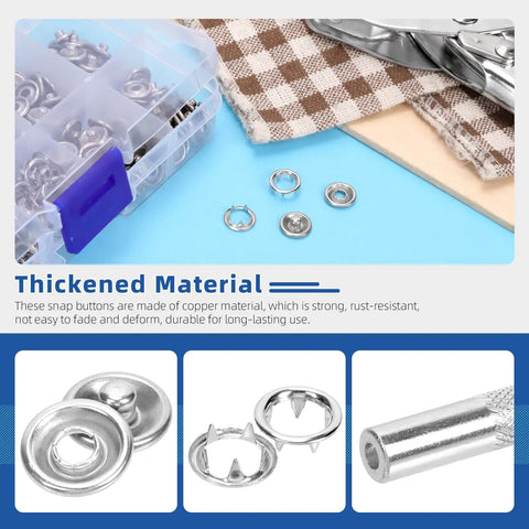Comprehensive 407 Piece Metal Snap Button Kit Featuring Three Eighths Inch Silver Fasteners and heavy duty press pliers with tools.