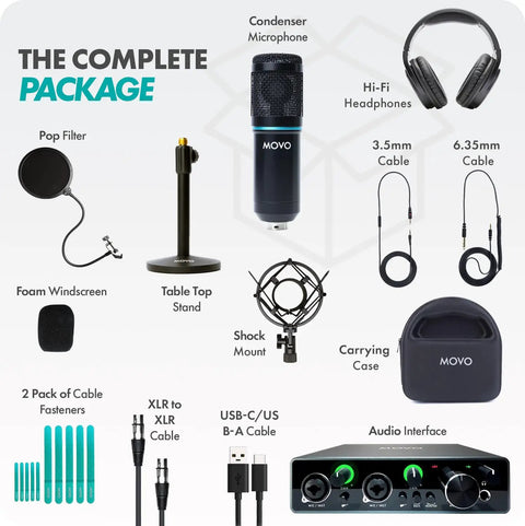 Universal Cardioid Condenser Microphone Packed With MDX-1 2x2 Audio Interface Featuring Quality Studio Headphones And Tabletop Mic Stand for Pro Podcasting.