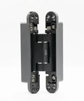 Heavy Duty Self Closing Hidden Door Hinges Holds 120 Lbs Rock Solid Concealed Hardware viewed from the front, matte black steel design.