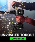 Built Different 24V Brushless Cordless Drill Driver Kit With Two 2.0Ah Stacked Lithium Batteries And Quick Charge Pack Offering 1400 Inch Pound Torque Beast Mode And Two Speed Options For Serious Site Work during use, showcasing powerful drilling action.
