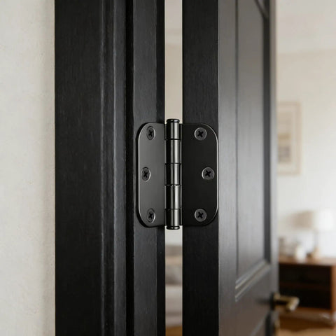 Close-up view of 24 Pack Black 3 Inch Soft Close Door Hinges Heavy Duty on a black door frame