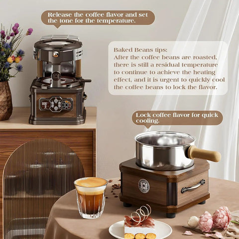 Home And Cafe Coffee Bean Roaster With Eight Heat Settings Dead Quiet Operation showing precise temperature control and cooling pot.
