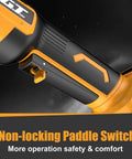 Killer Cordless Angle Grinder With Three Speed Settings And Paddle Safety Switch for zero hassle metal cutting and grinding showcasing non-locking paddle switch.