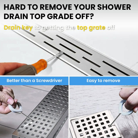 Slick Steel Shower Drain Hook With Soft Silicone Grips And Easy Pull Strip Feature For Hassle Free Drain Cover Removal Plus Linear Grate Extraction In No Sweat Bathroom Set Gray shown removing a drain grate with a tool.
