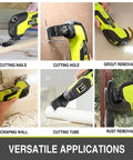 Cordless Oscillating Multi Tool Kit 20V With 6 Speeds Quick Lock Attachments shown cutting, scraping, and removing grout.