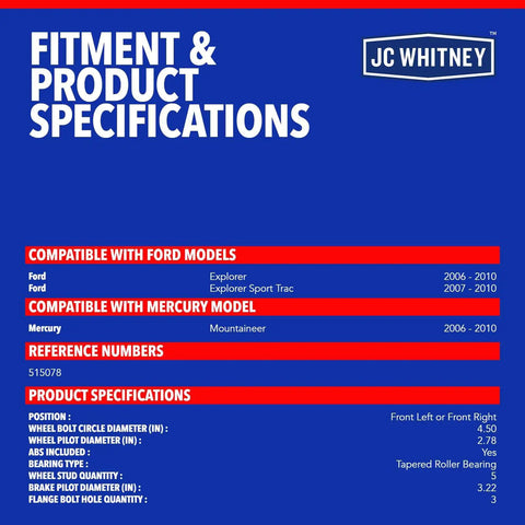 Fitment and product specifications for Heavy Duty Wheel Bearing And Hub Assembly With Abs Fits Ford Explorer And Sport Trac Plus Mercury Mountaineer.