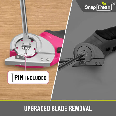 Cordless Electric Scissors For Quick Unpacking And Crafting, showing upgraded blade removal with included pin.