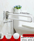 Built Tough Twenty Eight Inch Flip Up Toilet Grab Bar With Rock Solid Stainless Core And No Slip Abs Handle For Wall Mount Bathroom Setup Easy Secure Install For Seniors Or Post Surgery Recovery White mounted beside toilet.