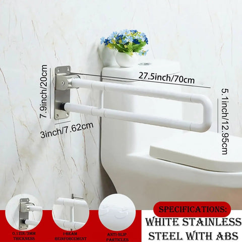 Built Tough Twenty Eight Inch Flip Up Toilet Grab Bar With Rock Solid Stainless Core And No Slip Abs Handle For Wall Mount Bathroom Setup Easy Secure Install For Seniors Or Post Surgery Recovery White mounted beside toilet.