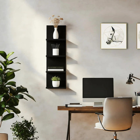 Upgrade Your Walls No Fuss Needed, Four Tier Black Corner Shelves For Room And Kitchen Decor, Vertical Floating Display Rack For Makeup Perfume And Plants, Solid Floor Space Savior With Sleek Finish in modern office setting.