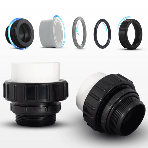 Hi Temp 2 Inch PVC Union 2 Pack for pool pumps, showing threaded connectors and parts for Whisperflo and Intelliflo compatibility