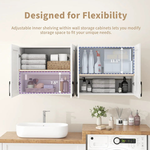 Works Like A Charm Farmhouse Wall Cabinet With Four Soft Close Barn Doors And Three Adjustable Shelves Solid Choice For Laundry Organization Or Bath Storage In Clean White Wood Grain showing adjustable shelves and organized storage.