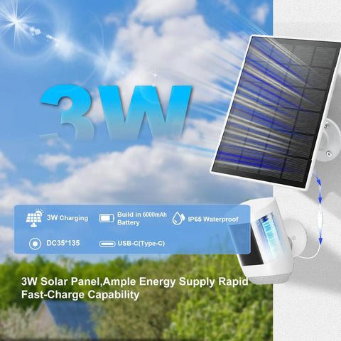 6000 Mah Solar Panel With Built In Battery For Security Cameras 3W Output mounted on wall with clear blue sky background