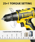 Close-up of 12V Cordless Drill With Rechargeable Battery And Fast Charger Three Eighth Inch Keyless Chuck Lightweight Power Tool In Yellow showing 25+1 torque settings.