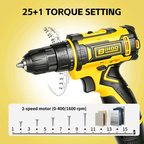 Close-up of 12V Cordless Drill With Rechargeable Battery And Fast Charger Three Eighth Inch Keyless Chuck Lightweight Power Tool In Yellow showing 25+1 torque settings.
