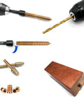 25 Pack 1/4-20 X 2 Inch Hanger Bolts With Rust Proof Zinc Finish Includes Steel Driver And HSS Drill Bit Heavy Gauge Double Ended Screws shown with driver and wood piece.