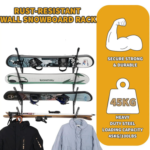 4 Board Snowboard Wall Rack Adjustable Storage for Ski Surfboard Wakeboard Wall Mount Display with Accessory Hooks to Hang Backpacks and Jackets Keep Your Shred Quiver Tidy in the Garage or Living Room Space Saver Black with displayed boards and jackets.