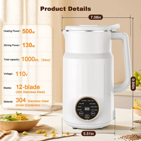 Side view of 10 In 1 Plant Based Milk Maker All In One Kitchen Boss With 34 Oz Capacity 304 Stainless Steel With 12 Blades.