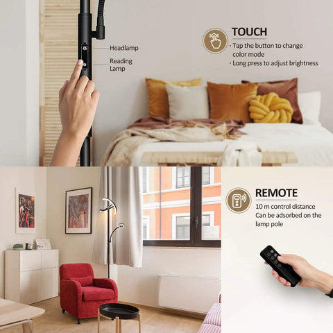Split Floor Lamp With Reading Light Rotatable Dual Heads LED Standing Lamp touch controls in living room and remote control