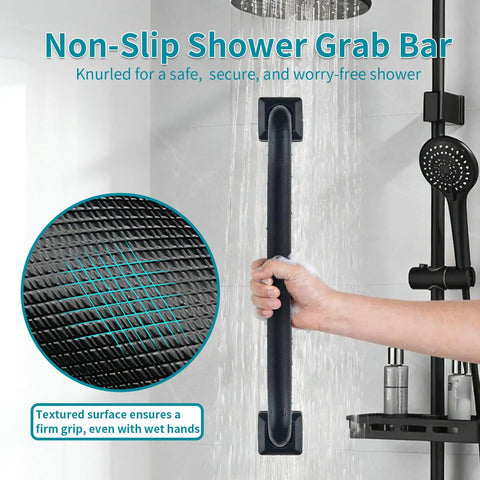 Rock Solid 12 Inch Square Shower Grab Bar in Matte Black with Killer Knurled Grip crafted from hefty 304 stainless steel