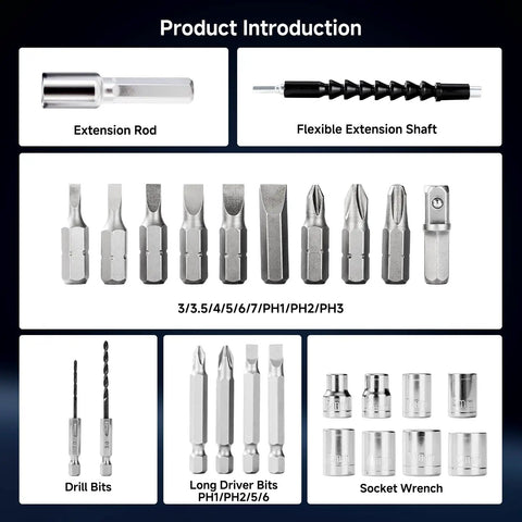 Mini Cordless Electric Screwdriver Set With Precision Bits, 250 RPM Motor, And Bright LED Light with various tool accessories and bits.