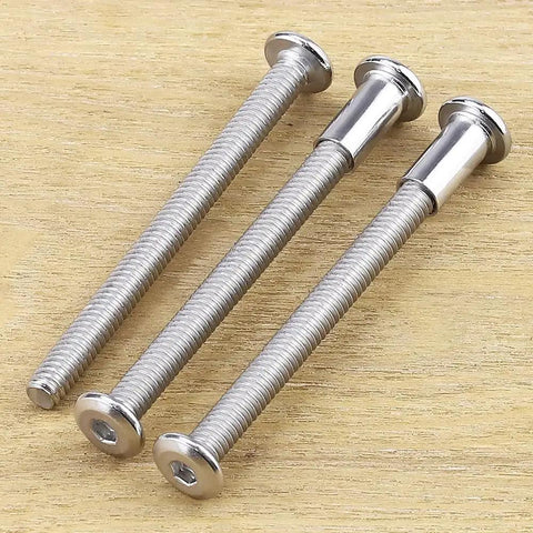 Twelve Pack Heavy Duty 1/4-20 By 3-1/2 Inch Flat Head Hex Socket Cap Screws paired with barrel nuts on a wood surface.
