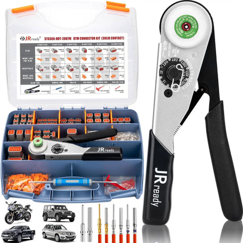 Deutsch DTM Connector Crimp Tool Kit Pro Grade With 104 Solid Contacts in case, showing tools, connectors, and terminals