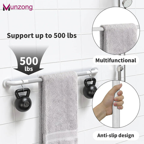 Built Like A Tank Anti Slip Shower Grab Bar Kit With Reliable Stability That Never Lets You Down Includes Three Wall Mount Handrails Perfect For Senior Bathrooms And Easy Bathroom Upgrades In Clean White, showcasing a wall-mounted grab bar supporting 500 lbs.