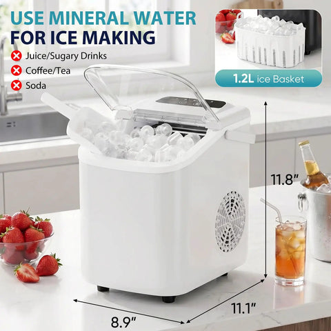 Quick Freeze Countertop Ice Maker With Heavy Duty Carry Handle Portable Compact Auto Rinse Choice with ice basket on kitchen counter.