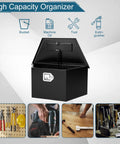 Heavy Duty 36 Inch Black Steel Trailer Tongue Tool Box With Overhang Lip And Solid Lock Featuring Fold Up Door Design showing interior for tools and gear storage.