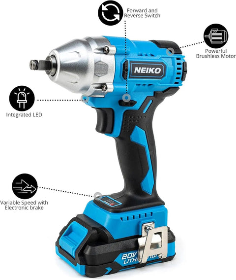 3 8 Inch Drive Brushless Cordless Impact Wrench 20 Volt Compact Workhorse With Lithium Ion Battery And Fast Charger 185 Foot Pounds Torque 0 To 3300 Impacts Per Minute 0 To 2800 RPM Ideal For Auto Repair And DIY with features labeled