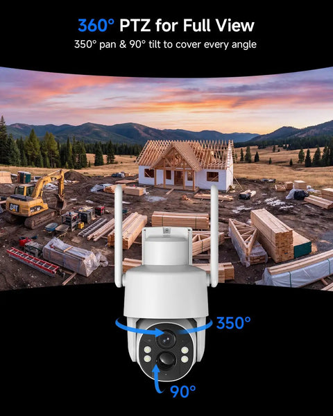 Solar Powered Cellular Security Camera With Dual Wifi And 4G LTE Connectivity For Wireless Outdoor Surveillance Featuring No Fuss Installation And Holds Its Ground Anywhere showing 360° PTZ features with construction site in background.