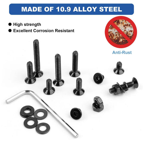 206 Piece M6 Hex Socket Cap Screw Assortment Kit Includes Allen Bolts Nuts And Washers Plus Hex Key Wrench Grade 10 Point 9 Black Alloy Steel 10 To 40 Millimeters with assorted black screws, nuts, and washers.
