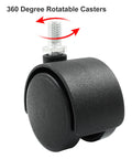 Close-up of a black 1.5 inch swivel caster wheel with 8 mm M8 threaded stem, heavy duty nylon design, for furniture and shelves replacement.