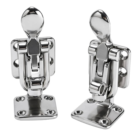 Bad To The Bone Heavy Duty Marine Grade 316 Stainless Steel Anti Rattle Lockable Hatch Latch with 90 Degree Hold Down Clamp, shiny finish.