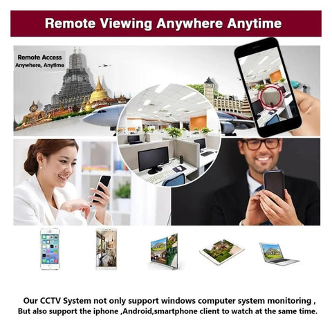 Remote viewing capabilities shown on smartphones and computers, highlighting the 10X Optical Zoom 5MP PTZ Dome Camera System With 4K 8CH NVR Kit Featuring PoE IP Plug And Play Assembly For Smooth Sailing Surveillance And Sweet Home Security.