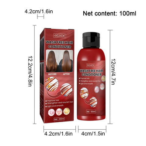 Red 100ml bottle and box of Eelhoe Wash Free Hair Conditioner with dimensions, used for smooth and nourished hair.
