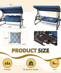 Diagram showing three seat outdoor porch swing with adjustable canopy and backrest, cushion, and cup holder details.