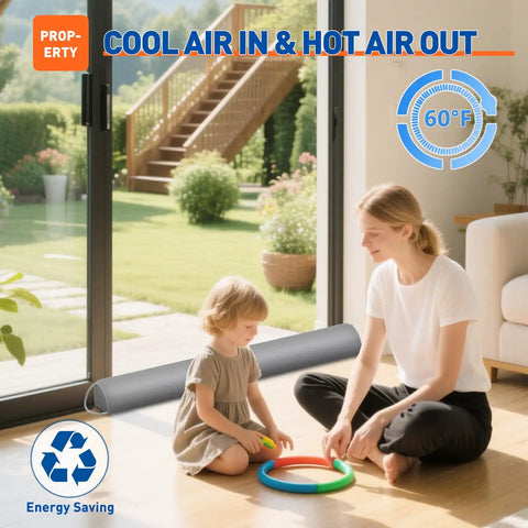 Heavy Duty Triangular Under Door Draft Stopper Works Like A Charm By Plugging Cold Drafts And Road Noise With A Weighted Core That Slides Right Into Place On Any Surface In Cool Gray, with a child and parent sitting indoors.