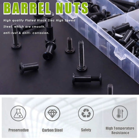 Top Notch Hella Tough Heavy Duty Slick Black M6 Barrel Nuts Kit Featuring Binding Screws Posts For Baby Cribs Scrapbook Albums Leather Repair Jobs Ahead with assorted barrel nuts.