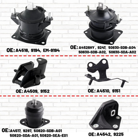 Heavy Duty Engine And Transmission Mount Kit Set Of 6 For 2003 2007 Accord showing six engine mounts for durability.