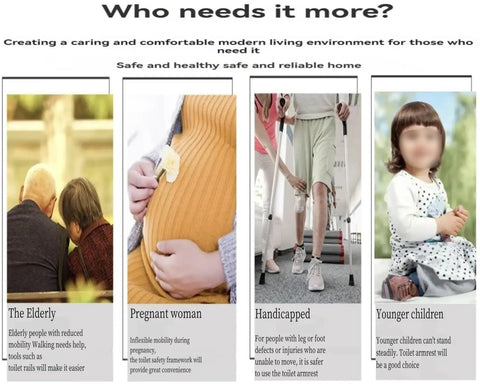 Image showcasing the need for toilet safety rails for seniors, pregnant women, handicapped, and young children.