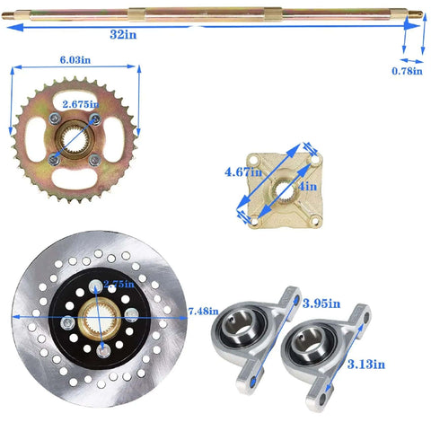 32 Inch Live Rear Axle Kit With Disc Wheel Hub Replacement For Go Kart ATV Quad And Drift Trikes, includes axle, disc, hub.