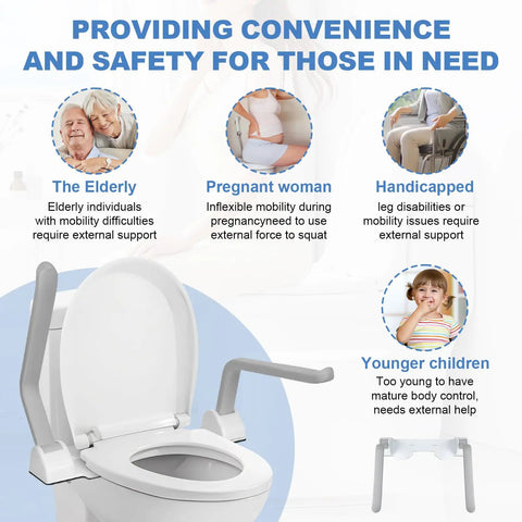 Heavy Duty Toilet Safety Rails For Seniors Featuring Rock Solid Stainless Steel Handles And Upgraded Wall Anchors for diverse users - elderly, pregnant, handicapped, children.