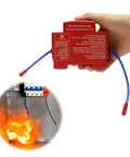 Built Tough Auto Detect Fire Extinguisher Triple Pack Snap On Electrical Panel Guardian held in hand with fire image in background.
