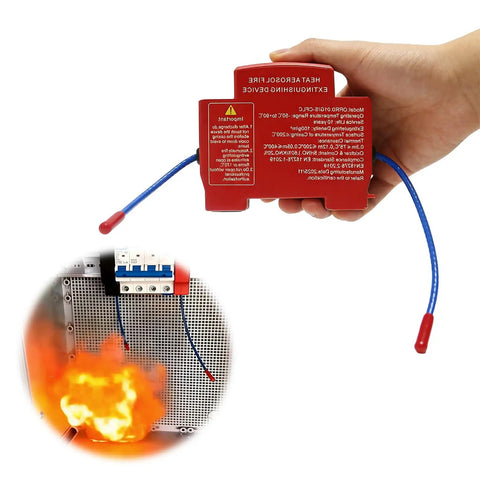 Built Tough Auto Detect Fire Extinguisher Triple Pack Snap On Electrical Panel Guardian held in hand with fire image in background.