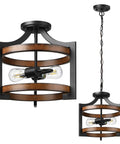 Semi Flush Mount Ceiling Light Fixture With Detachable Chain In Dope Farmhouse Metal Wood Grain Finish Two Light Pendant Style