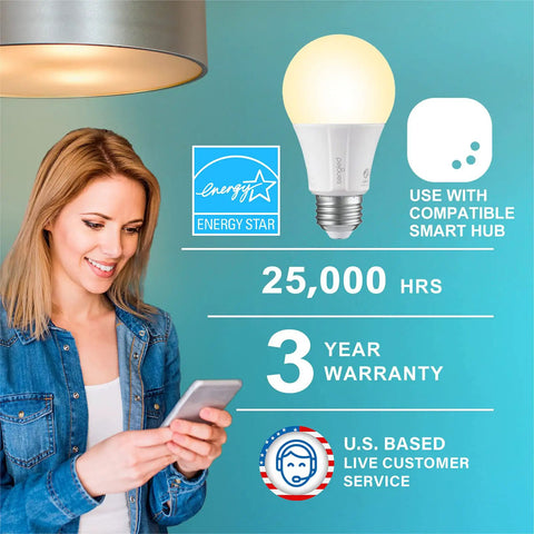 Zigbee Smart Light Bulbs 8 Pack With Hub Required For Your Smart Home displayed with features and a woman holding a phone.