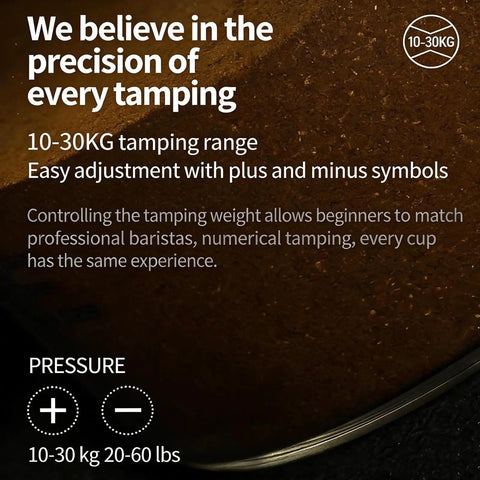 No Sweat Electric Coffee Tamper with 58mm Adjustable Portafilter Bracket showing 10-30kg tamping range adjustment panel.